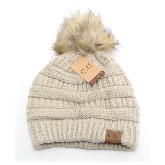 Beige Knit Beanie With Fur Pom Pom - Picture 2 of 2